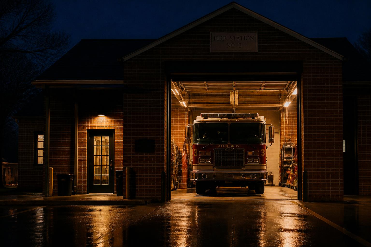 A fire station apparatus bay lit at night